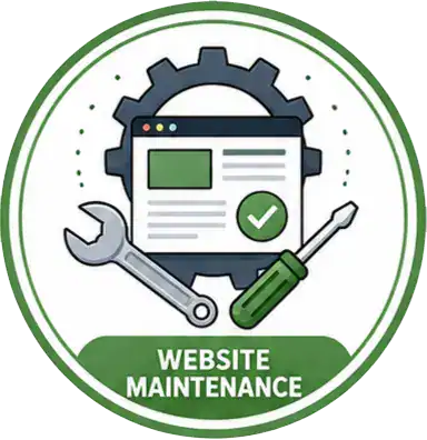 A website window with a green checkmark, a gear, a wrench, and a screwdriver, symbolizing website maintenance. Text below reads Website Maintenance.