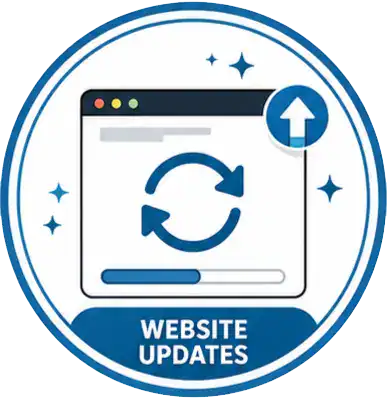 A circular badge shows a web browser window with refresh arrows, an upward arrow icon, and the words Website Updates at the bottom. Blue sparkles surround the design.