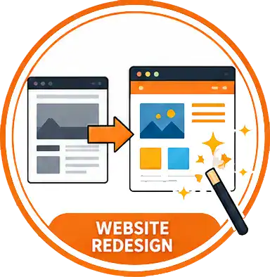 Two browser windows: a plain website on the left and a colorful, modern site on the right, with an arrow and wand symbolizing website redesign. Text below reads Website Redesign.