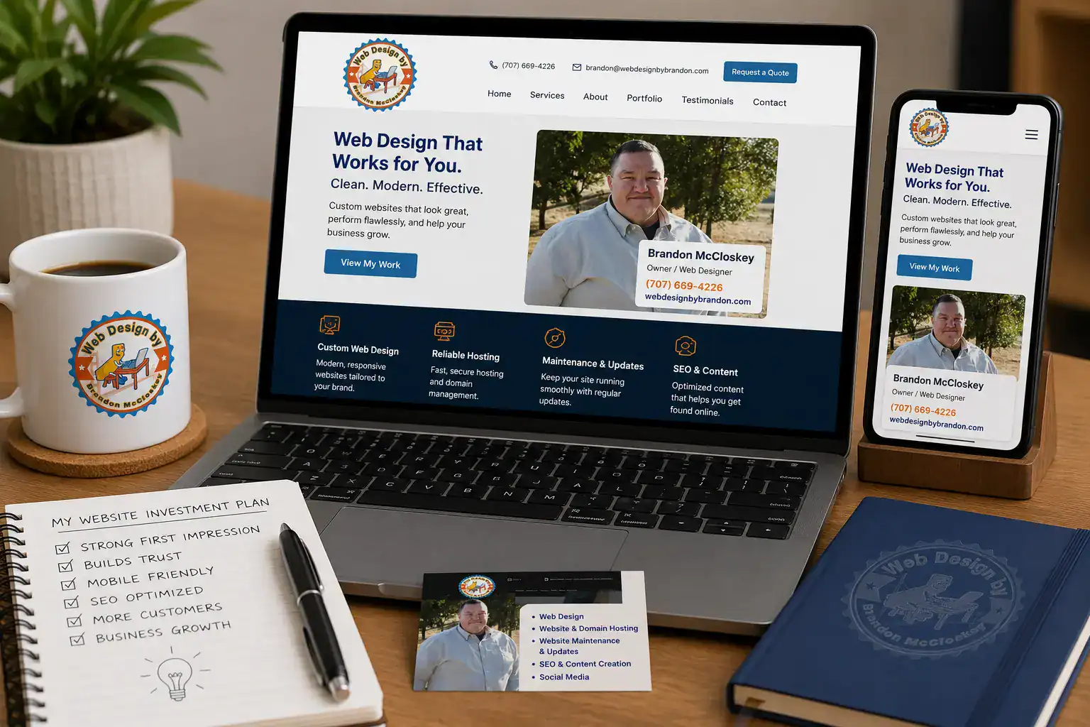 A workspace with a laptop, phone, mug, notebook, and business card, all displaying a web designers branding and site. A hand-written note lists reasons for website investment. Site info and designer photo appear on the screens.