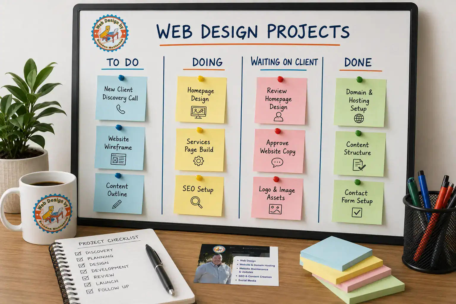 A whiteboard shows a web design project Kanban board with columns for To Do, Doing, Waiting on Client, and Done, along with colorful sticky notes, a project checklist, business card, coffee mug, and office supplies on the desk.