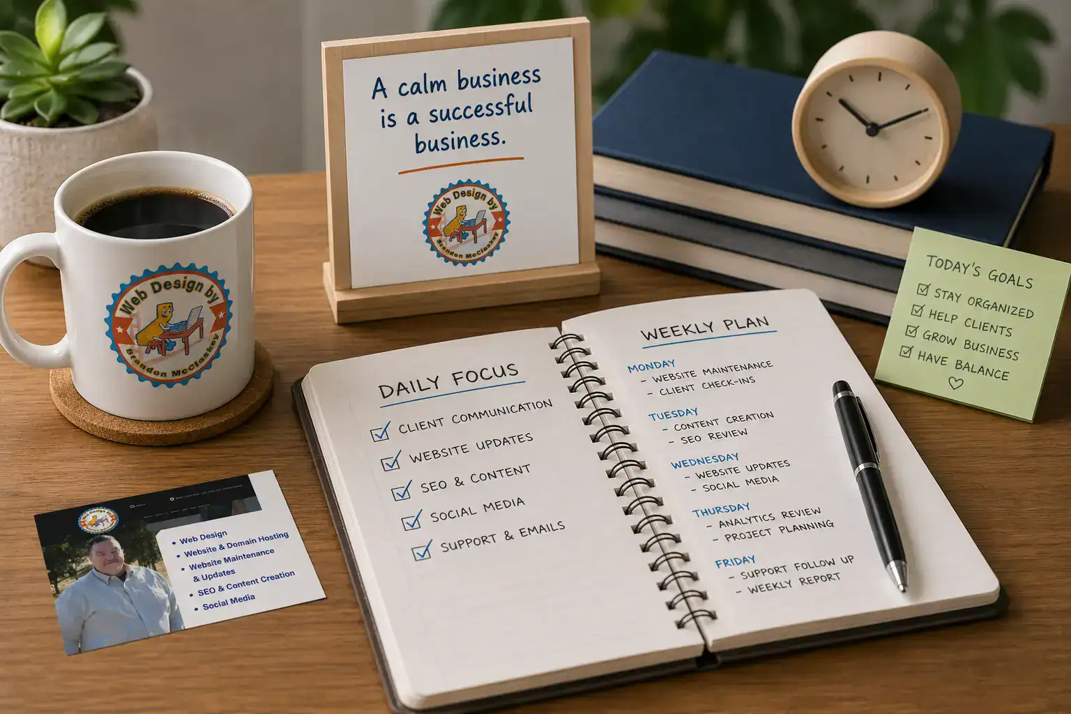 A workspace with coffee, a clock, business card, and a notebook showing daily and weekly business tasks. A sign reads “A calm business is a successful business.” A sticky note lists todays goals.