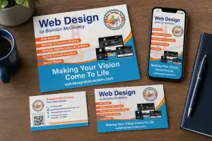 Various web design promotional materials, including flyers, business cards, and a phone display, are arranged on a wooden desk with a blue mug and a notebook. The slogan reads: Making Your Vision Come To Life.
