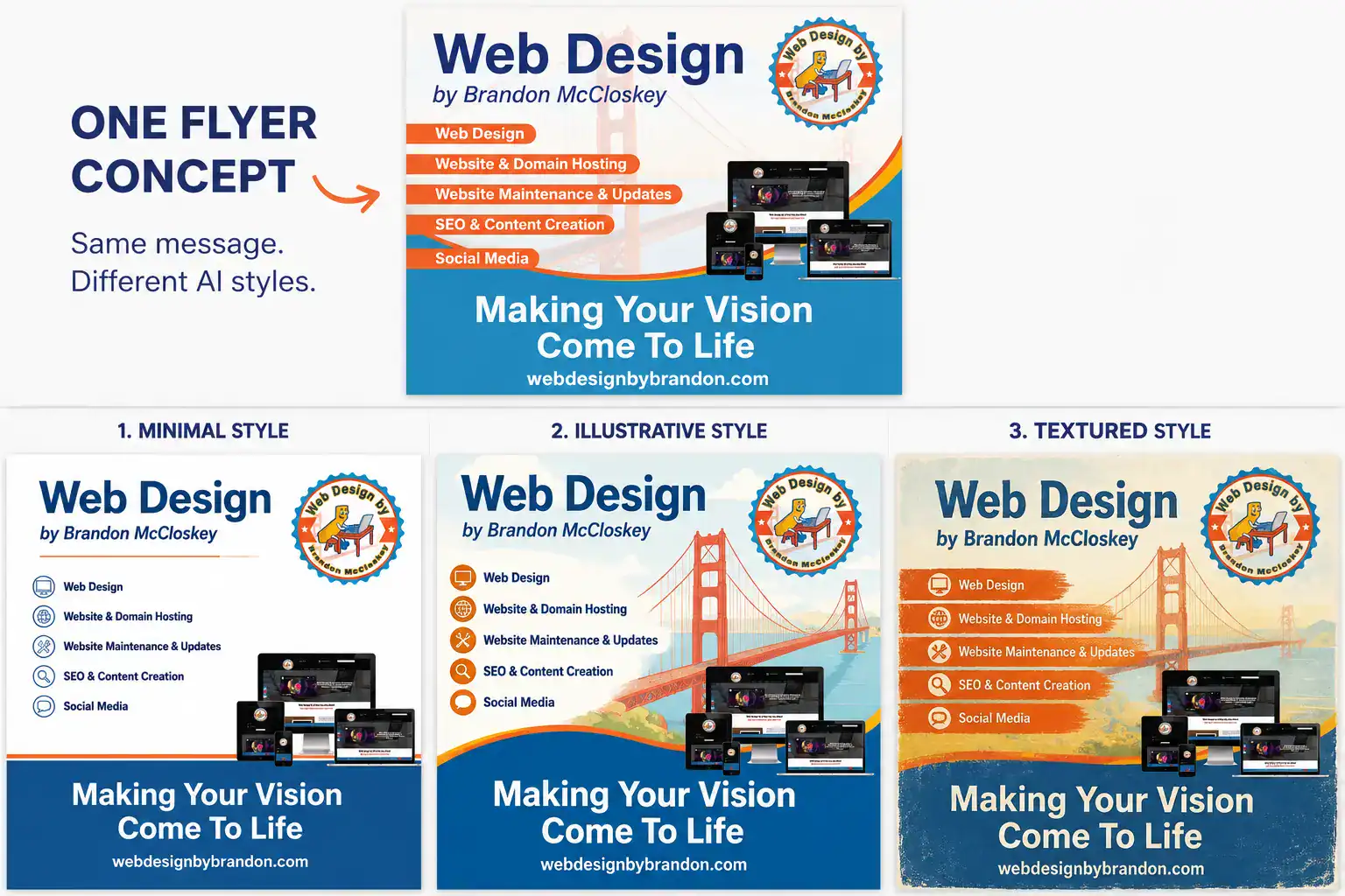 How-Local-Businesses-Can-Turn-Print-Marketing-into-Engaging-Digital-Content2 Three web design flyers with the same content in three styles—minimal, illustrative with Golden Gate Bridge, and textured—each showing branding, services, and a Making Your Vision Come To Life tagline.