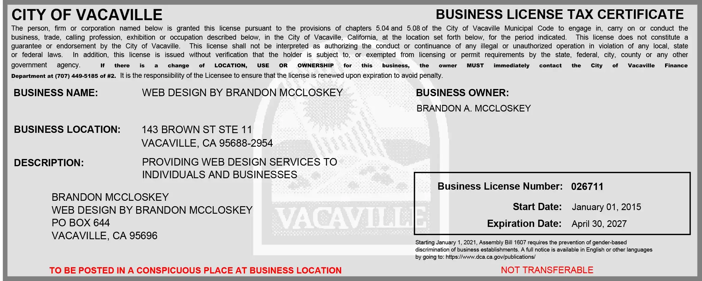 City of Vacaville business license certificate for “Web Design by Brandon McCloskey,” valid from Jan 1, 2015, to Apr 30, 2027, with address, license number, and official city seal included.