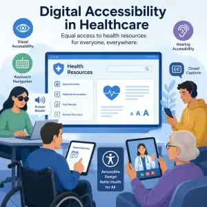 Infographic titled "Digital Accessibility in Healthcare" showing four people using assistive technology to access a health resources website — a woman using a screen reader on a laptop, a man in a wheelchair using a tablet, a man with hearing accessibility tools on a smartphone, and an older woman on a video call with a doctor, tablet held by a caregiver.