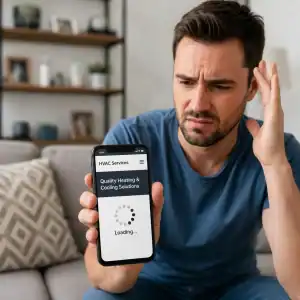 Frustrated homeowner holding phone showing slow-loading HVAC services website