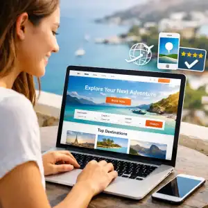 Woman booking a trip on a modern travel website homepage using her laptop with a scenic ocean view in the background