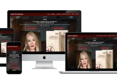 A website featuring a book called The Debt-Free Playbook is displayed on a smartphone, tablet, laptop, and desktop computer, showing a womans photo and book cover on the homepage.