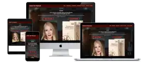 A website about ADHD showing on a phone, tablet, desktop, and laptop. The site features a book cover, a womans portrait, and buttons for exploring the playbook or getting the workbook.