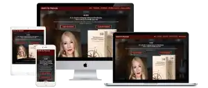 A website promoting an ADHD playbook is displayed on a smartphone, tablet, laptop, and desktop. The homepage features a woman’s portrait, book cover, navigation bar, and buttons labeled “Explore the Playbook” and “Get the Free Playbook.”.