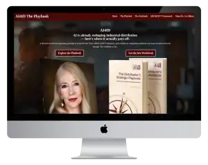 A computer screen displays the AI4ID Playbook website, featuring a woman’s portrait and two books titled The Distributor’s Strategic Playbook and The Distributor’s Workbook with buttons to explore or get the free workbook.