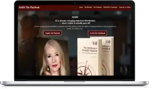 A laptop displays a website for AI4ID The Playbook, featuring a womans photo, book covers, and buttons for exploring the playbook and getting a free workbook.