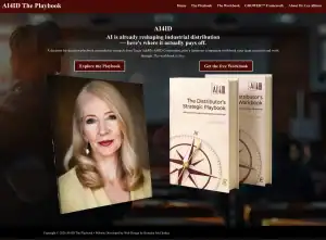 A woman with long blonde hair is smiling beside two books titled The Distributors Strategic Playbook and The Distributor’s Strategic Workbook on a website about AI-powered industrial distribution.
