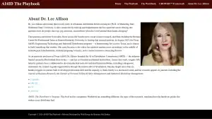 Screenshot of a website featuring a professional headshot of a smiling woman with long blonde hair, alongside a detailed biography about Dr. Lee Allison and her career in sales, research, and education.