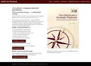 Screenshot of a webpage for The Distributor’s Strategic Playbook by Lee Allison, featuring a book cover with a compass, a summary of the book, purchase options, and navigation links on a white and brown background.