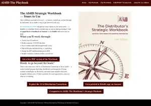 A website page promotes The Distributor’s Strategic Workbook by Lee Allison, featuring the book cover, a description, links to download, and navigation tabs at the top. The design uses maroon and white colors.
