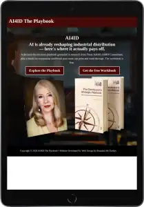Tablet screen displaying a webpage for AI4ID The Playbook with a woman’s portrait, two workbook covers, and buttons labeled Explore the Playbook and Get the free Workbook.
