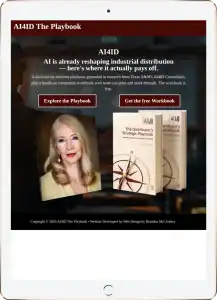 Tablet screen displaying a website for “AI4ID The Playbook” featuring a woman, two book covers, and two buttons labeled “Explore the Playbook” and “Get the free Workbook.” Text describes AI’s impact on industrial distribution.